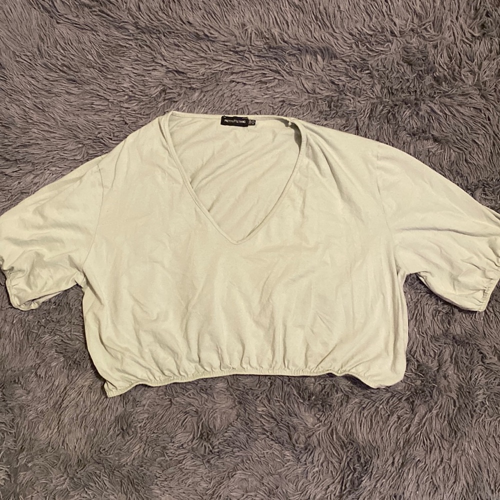 Prettylittlething green scrunch sleeve crop top